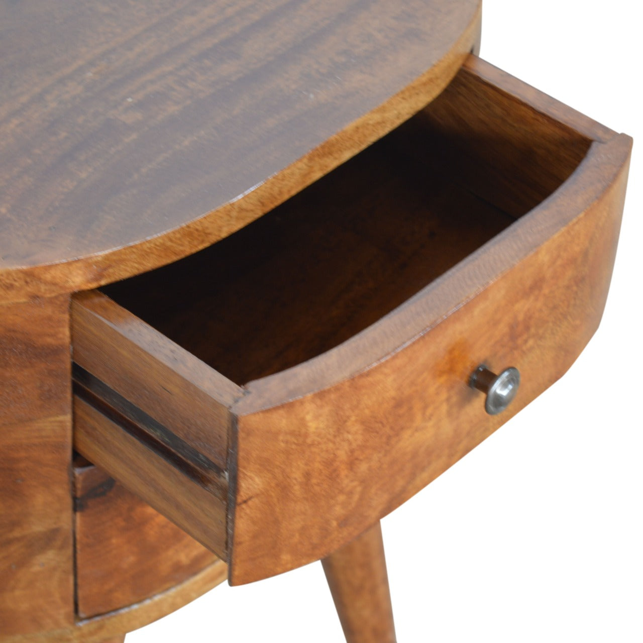 Curved wooden chestnut rounded bedside table with warm chestnut finish and single drawer with silver knob