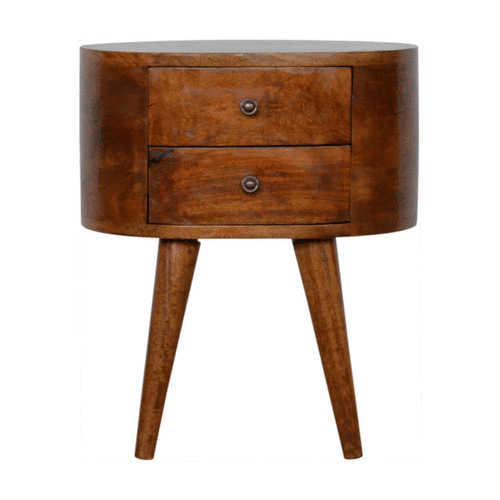 Mid-century modern chestnut rounded bedside table with two drawers tapered legs and warm chestnut finish wooden nightstand