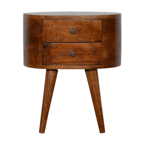 Mid-century modern chestnut rounded bedside wooden nightstand with two drawers and warm chestnut finish tapered legs