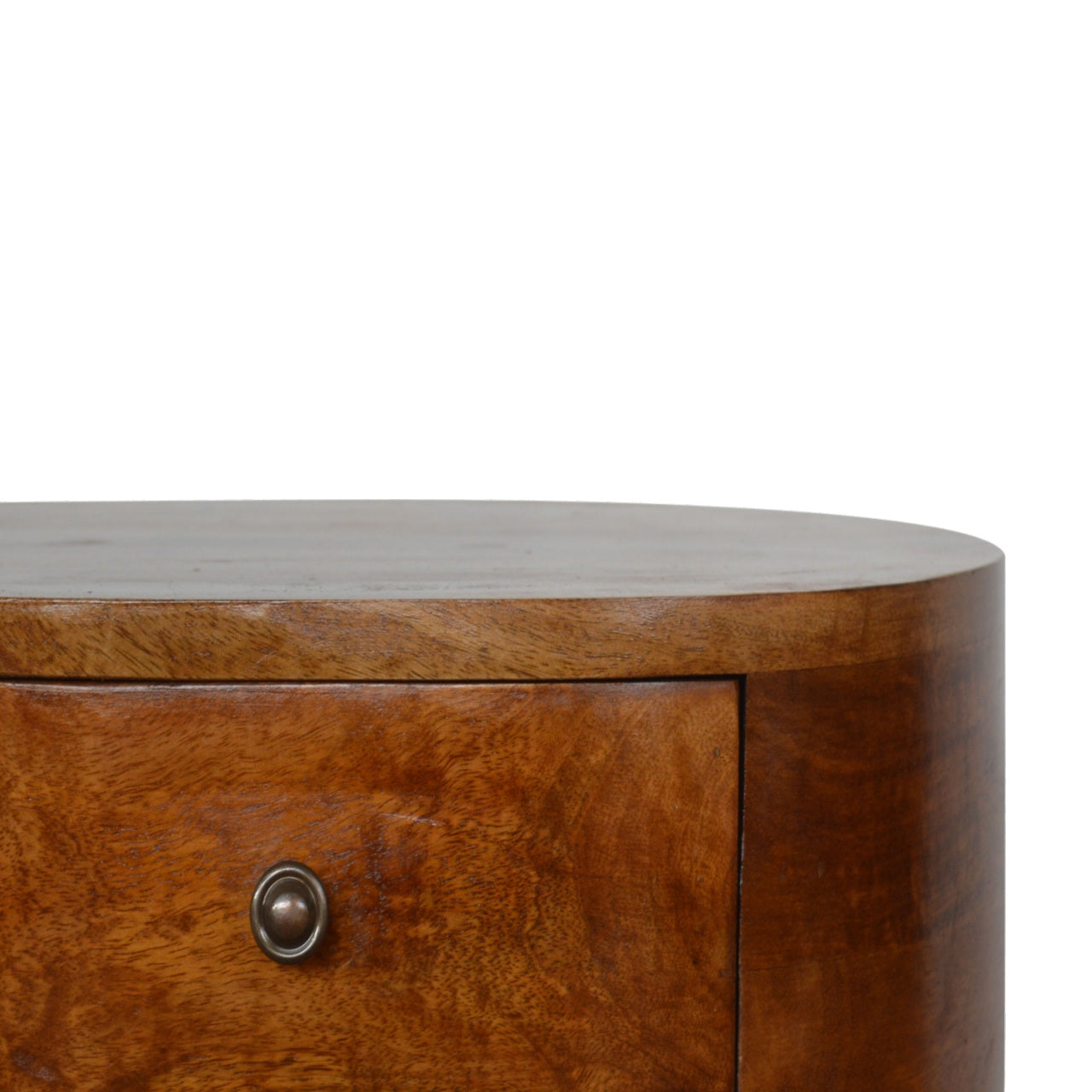 A round wooden chestnut rounded bedside table with a warm chestnut finish and visible grain patterns