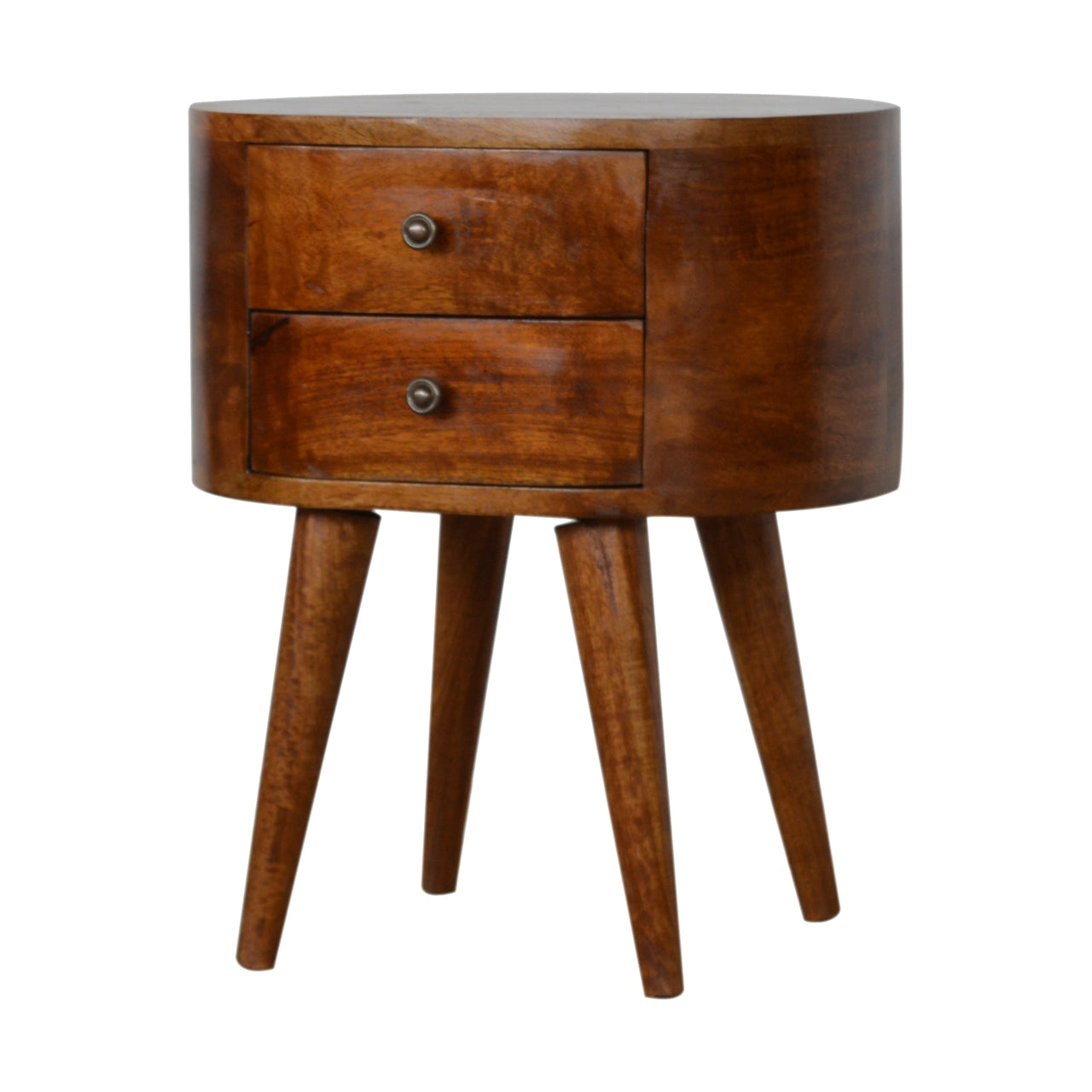 A sleek chestnut rounded bedside table with two drawers and tapered legs in a warm chestnut finish