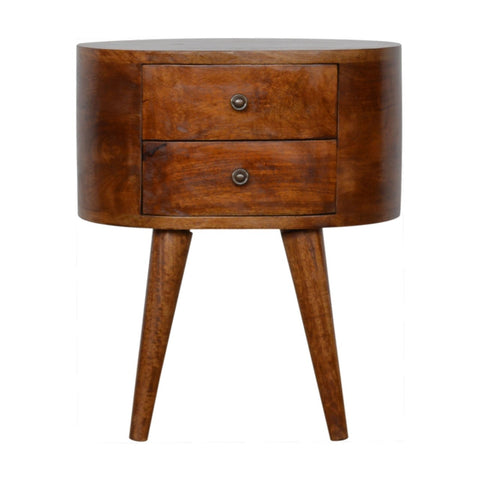 Sleek chestnut rounded bedside table with two drawers and tapered legs in a warm chestnut finish