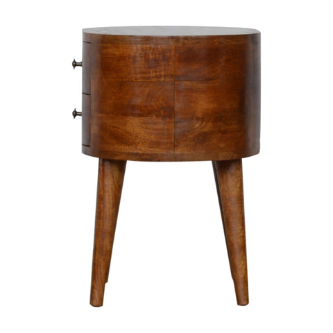 A sleek chestnut rounded bedside table with two drawers and tapered legs in a warm chestnut finish