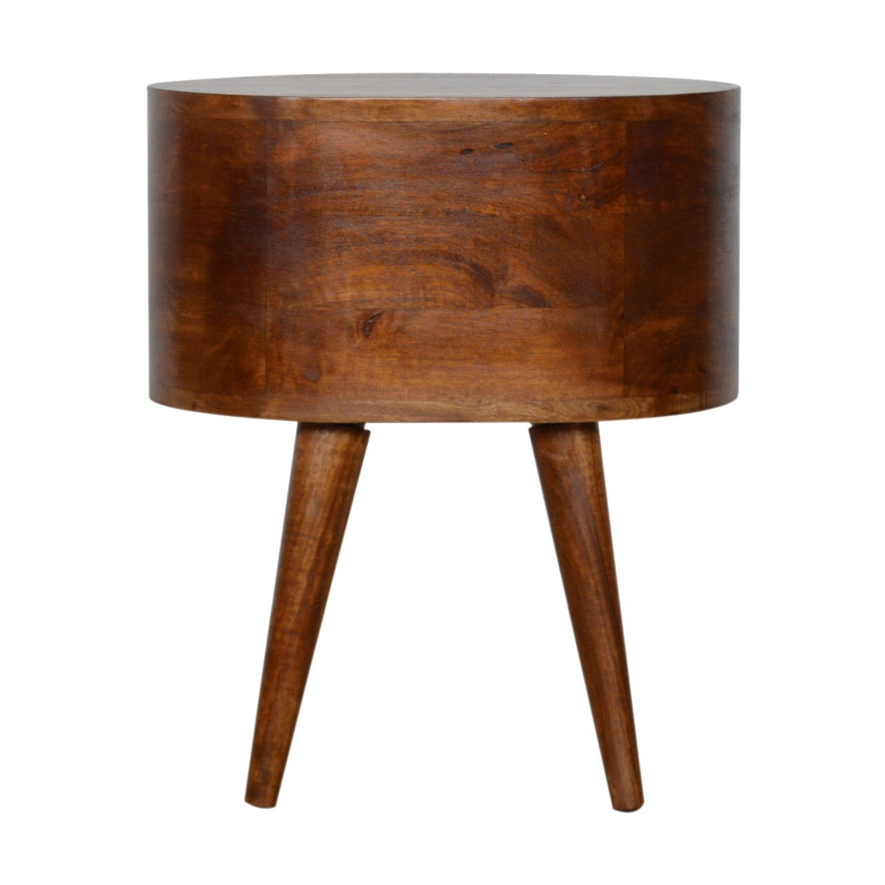 A chestnut rounded bedside table with a sleek cylindrical wooden design and warm chestnut finish on three tapered legs