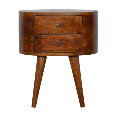 A sleek chestnut rounded bedside table with two drawers, tapered legs, and a warm chestnut finish