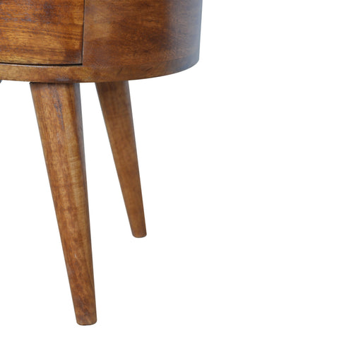Chestnut rounded bedside table with warm chestnut finish medium-brown wood curved top and tapered legs
