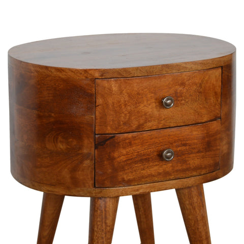 Warm chestnut finish chestnut rounded bedside table with two drawers and tapered legs for bedroom use