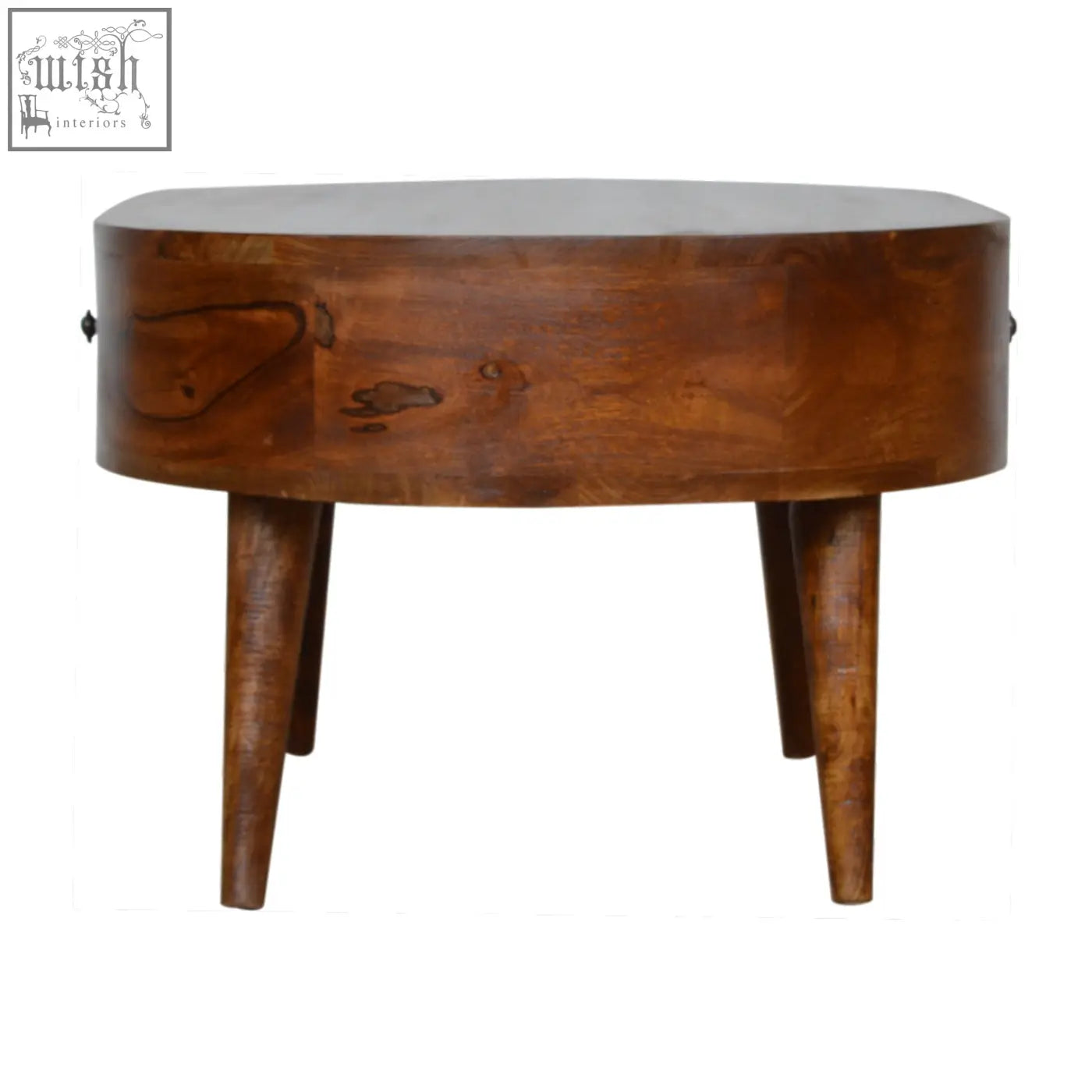 A rustic chestnut rounded coffee table made of solid mango wood with a dark brown finish and natural grain patterns