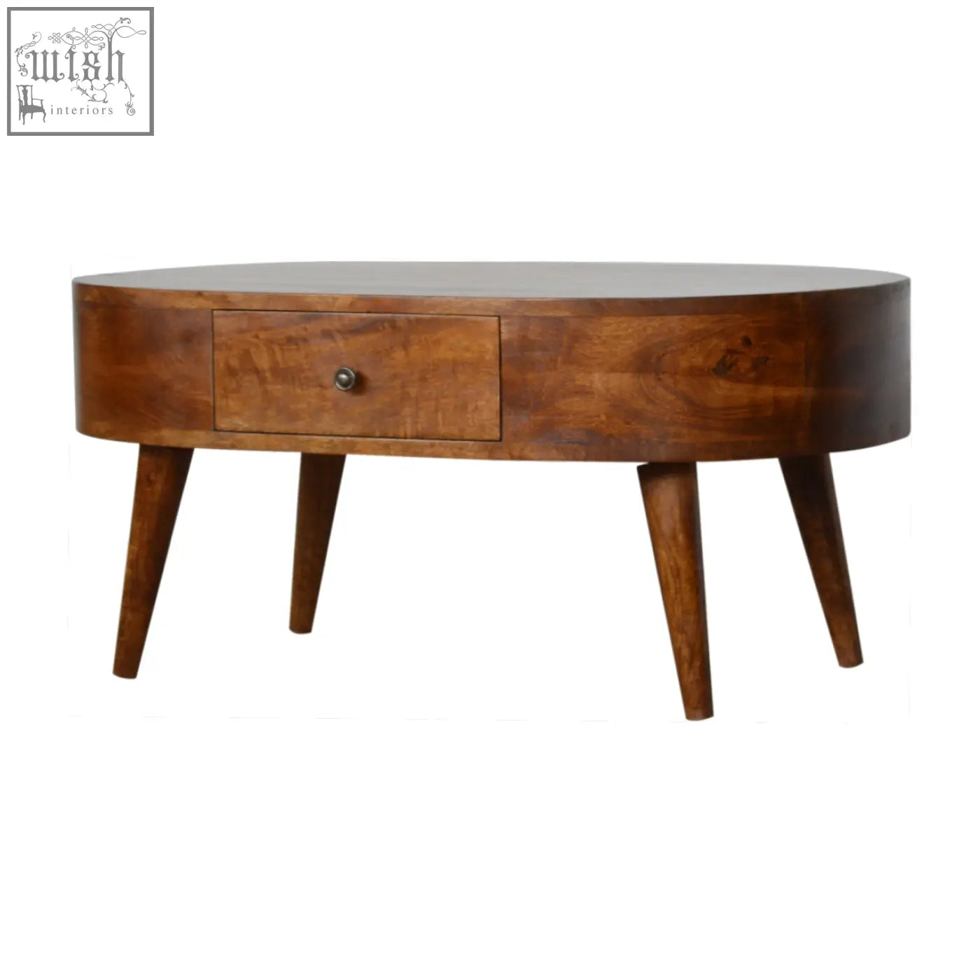 Chestnut rounded coffee table made of warm medium-brown solid mango wood with a single drawer and tapered legs