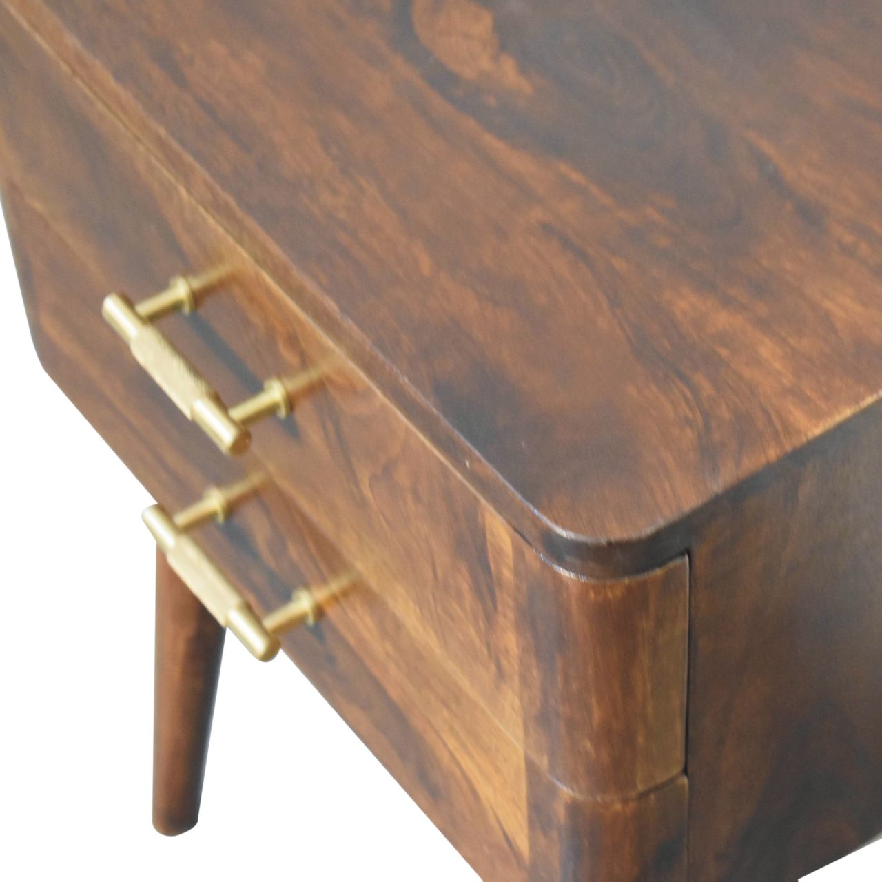 Dark brown wooden chestnut t-bar nordic bedside table with brass drawer pulls and tapered legs