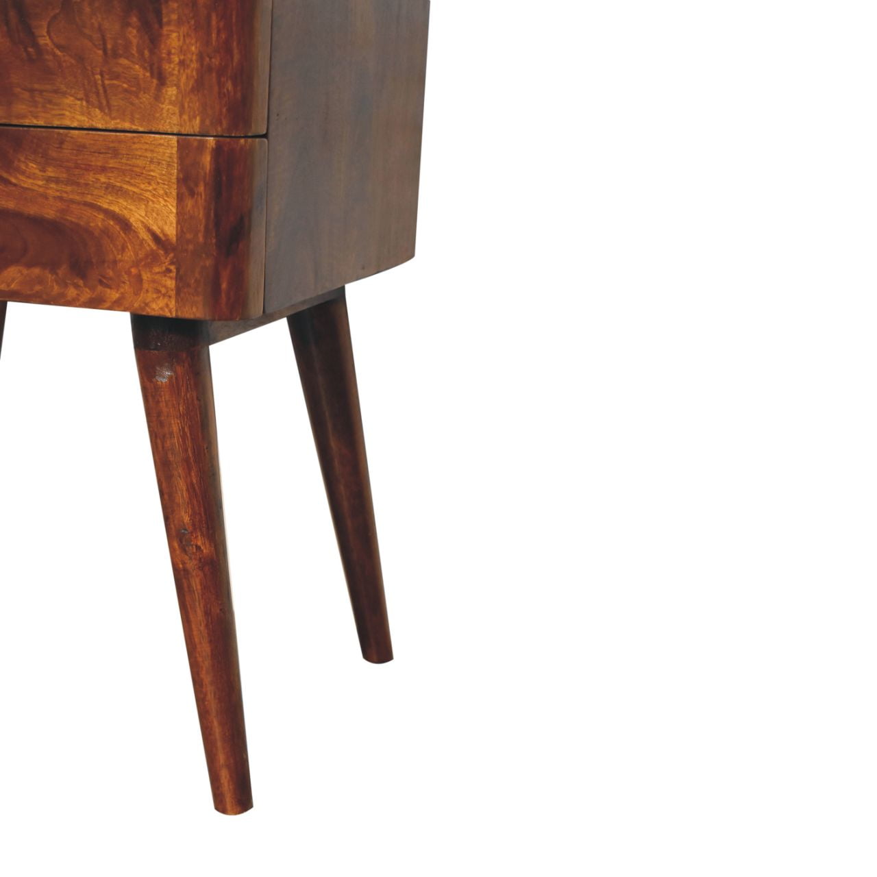 Chestnut t-bar nordic bedside table with dark brown wooden finish smooth top and tapered legs
