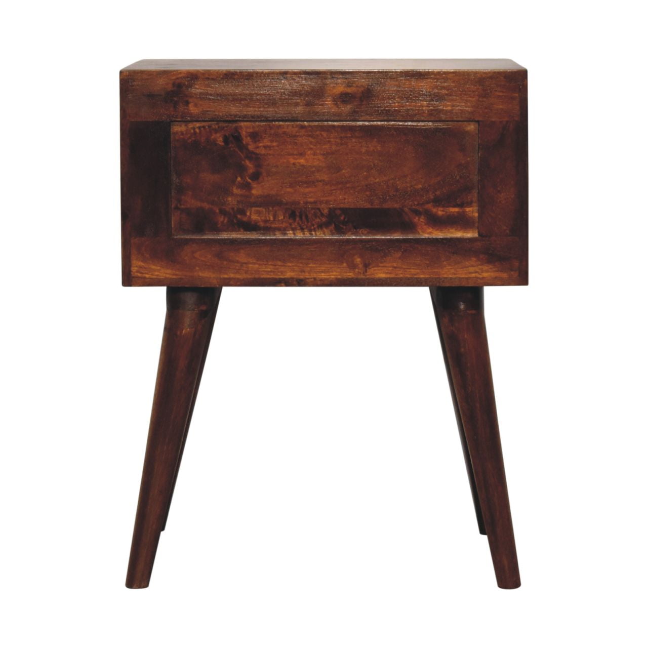 Dark brown wooden chestnut t-bar nordic bedside table with single drawer and tapered legs for bedroom use
