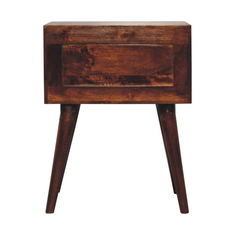 Dark brown wooden chestnut t-bar nordic bedside table with single drawer and tapered legs for bedroom use