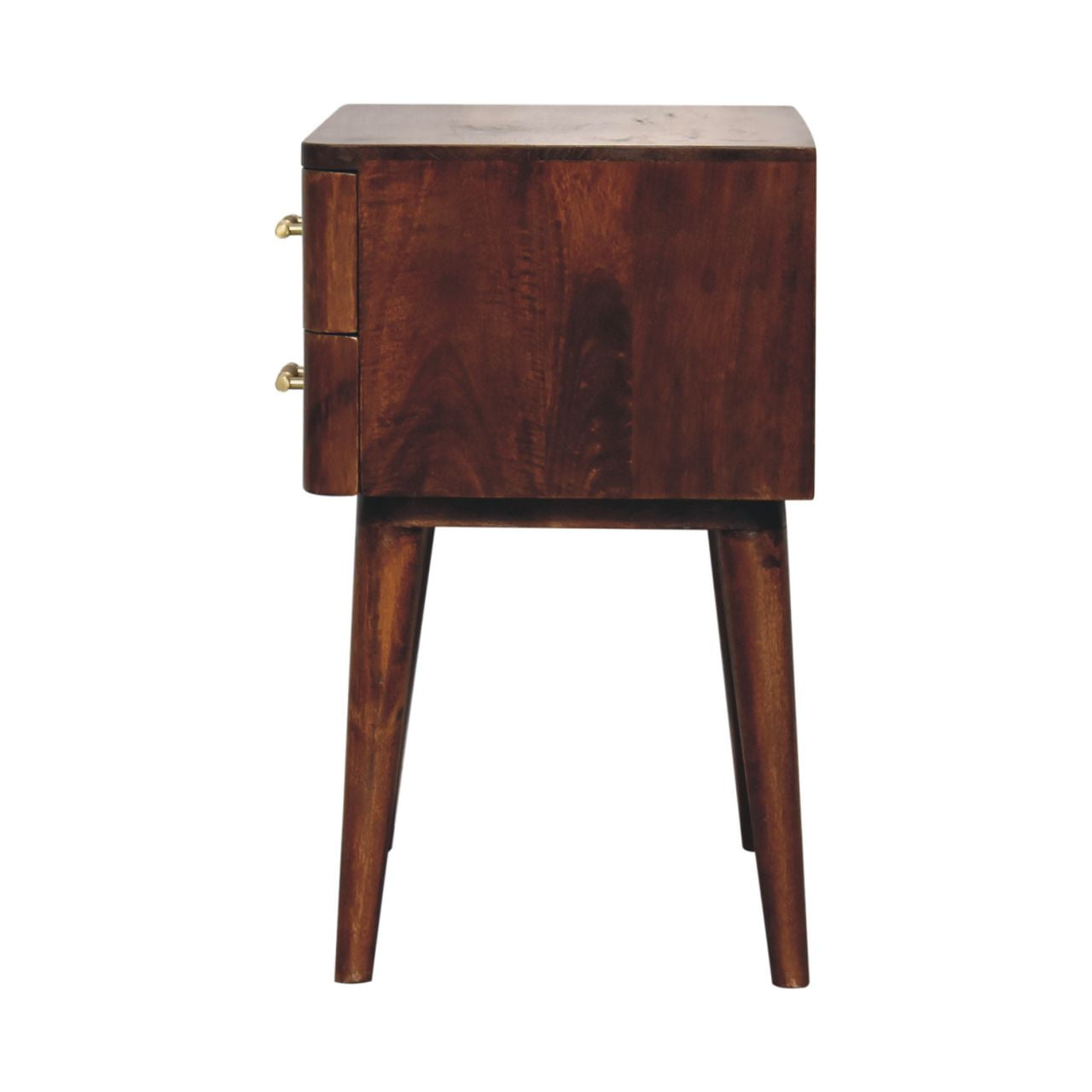 Dark brown wooden chestnut t-bar nordic bedside table with two drawers and brass handles for bedroom storage