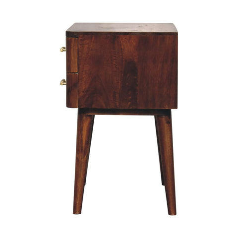 Dark brown wooden chestnut t-bar nordic bedside table with two drawers and brass handles for bedroom storage