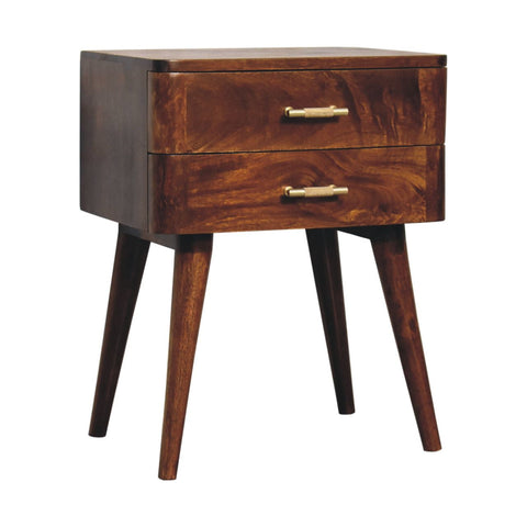 Chestnut t-bar nordic bedside table dark wood nightstand with two drawers and brass handles for bedroom use
