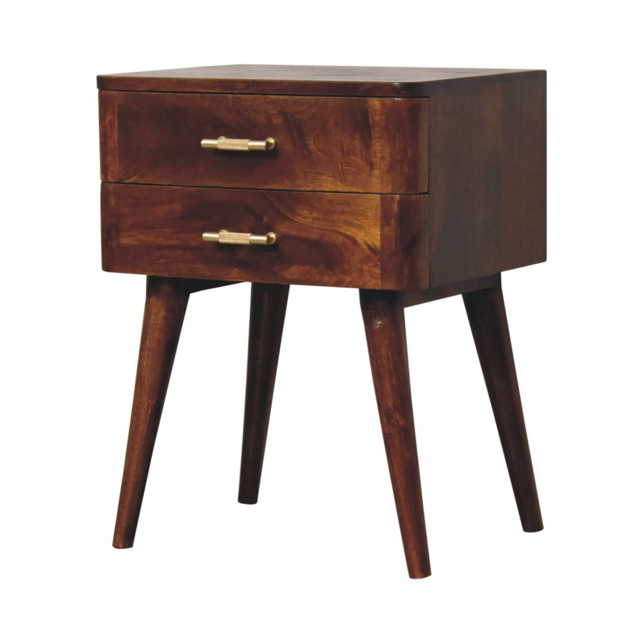 Dark wood chestnut T-Bar nordic bedside table with two drawers and brass handles for bedroom storage