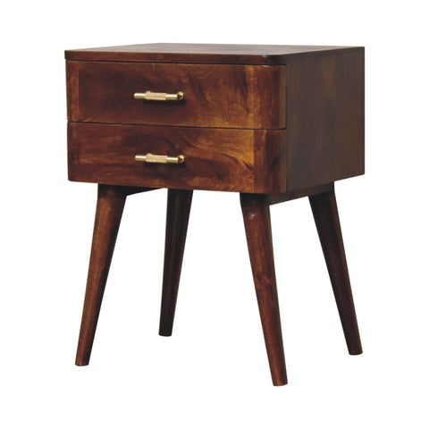 Dark wood chestnut T-Bar nordic bedside table with two drawers and brass handles for bedroom storage