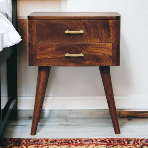 Chestnut t-bar nordic bedside table with mid-century modern wooden nightstand, two drawers, brass handles, tapered legs