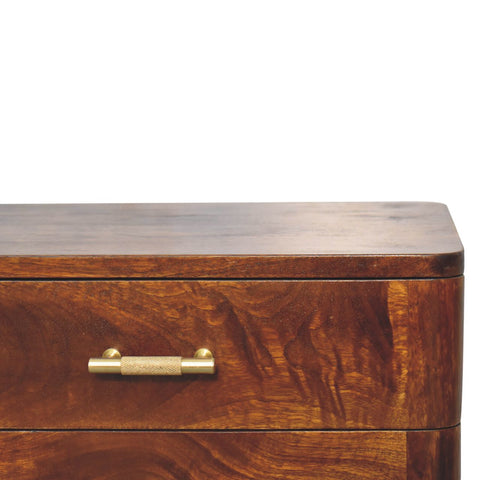 Chestnut t-bar nordic bedside table drawer with rich dark brown wood and textured brass handle detail