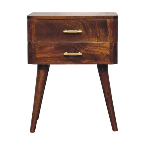 A sleek dark brown wooden chestnut t-bar nordic bedside table with two drawers and tapered legs