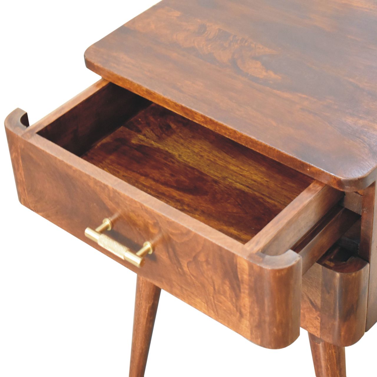 A warm brown wooden chestnut t-bar nordic bedside table with a single drawer and brass handles on tapered legs