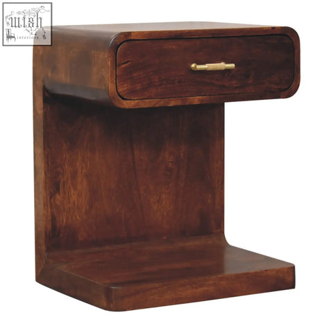 Dark brown rounded bedside table chestnut t-bar with single drawer brass handle made of mango wood