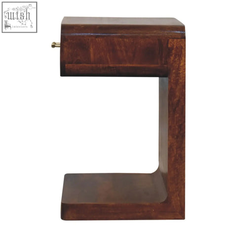 Chestnut t-bar rounded bedside table in dark brown mango wood with a single drawer and brass handle