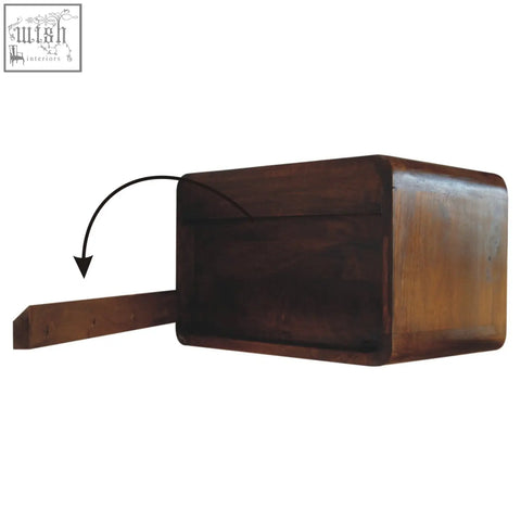 Dark brown solid mango wood wall-mounted coat rack with rectangular box body and extendable peg bar for hanging clothes