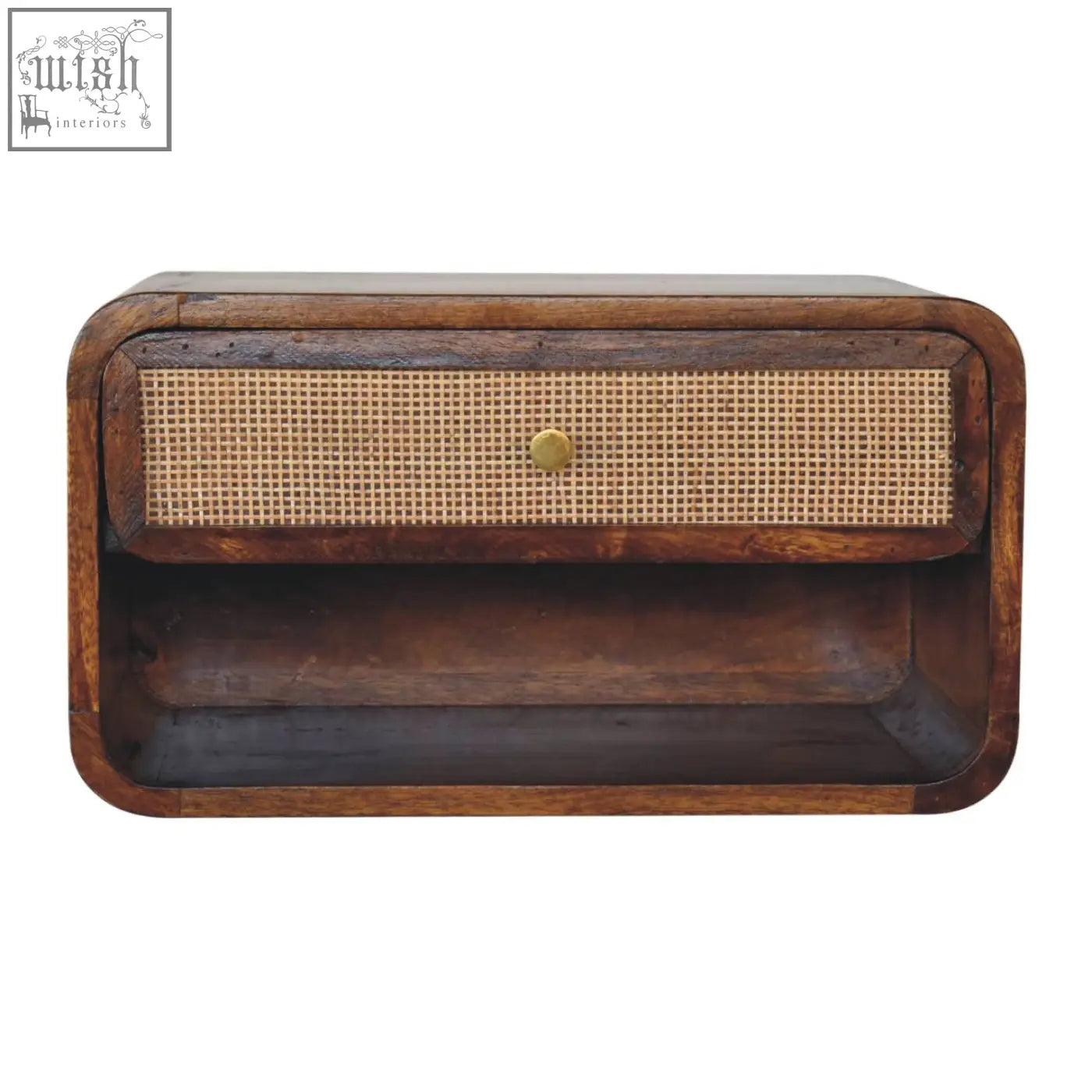 Dark wood wall-mounted bedside table with woven cane drawer front and brass knob made of solid mango wood