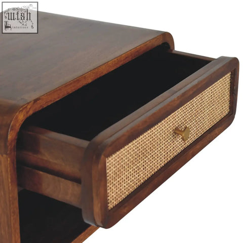 Dark wood wall mounted bedside table with woven cane front panel brass knob made from solid mango wood