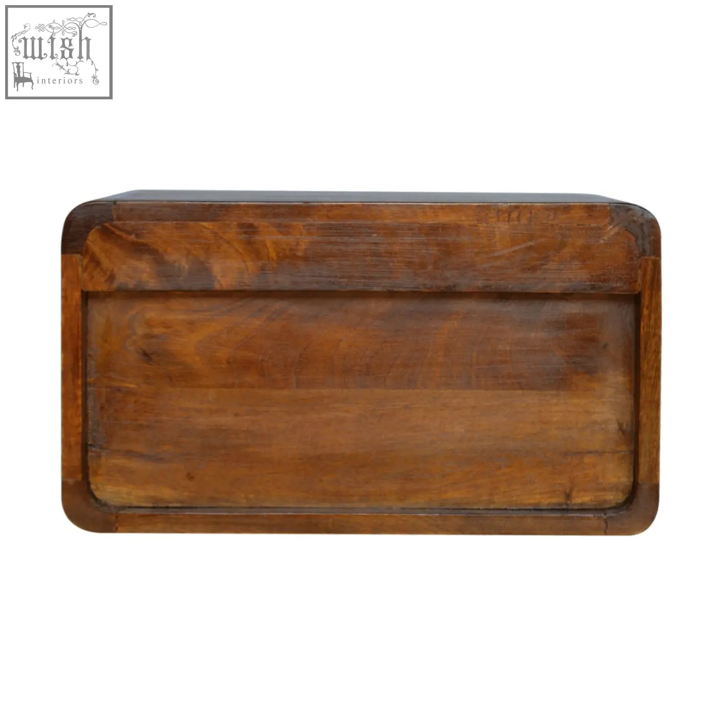 Rectangular wall-mounted bedside table in warm brown solid mango wood with visible wood grain and open woven design