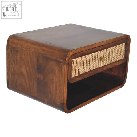 Chestnut wall mounted open bedside table in dark brown solid mango wood with woven cane drawer and brass knob