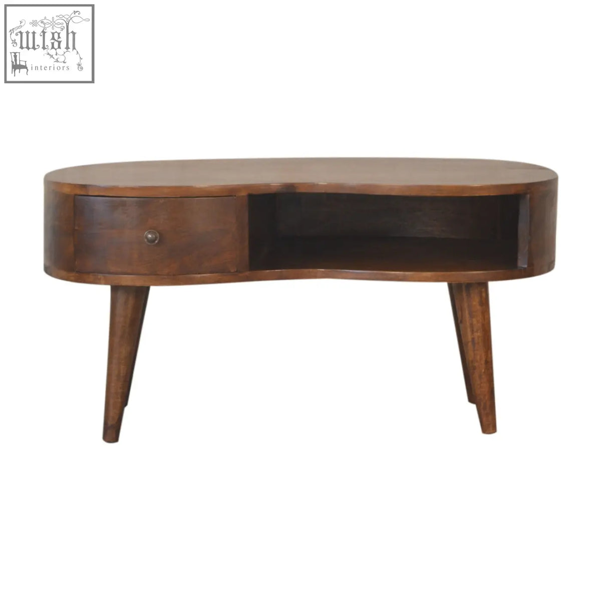 Chestnut wave coffee table is a sleek oval coffee table made of solid mango wood with a rich dark finish and tapered legs