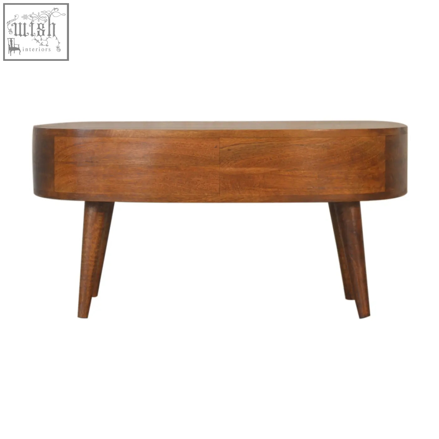 Chestnut wave coffee table is a sleek oval coffee table made of solid mango wood with tapered legs and smooth finish