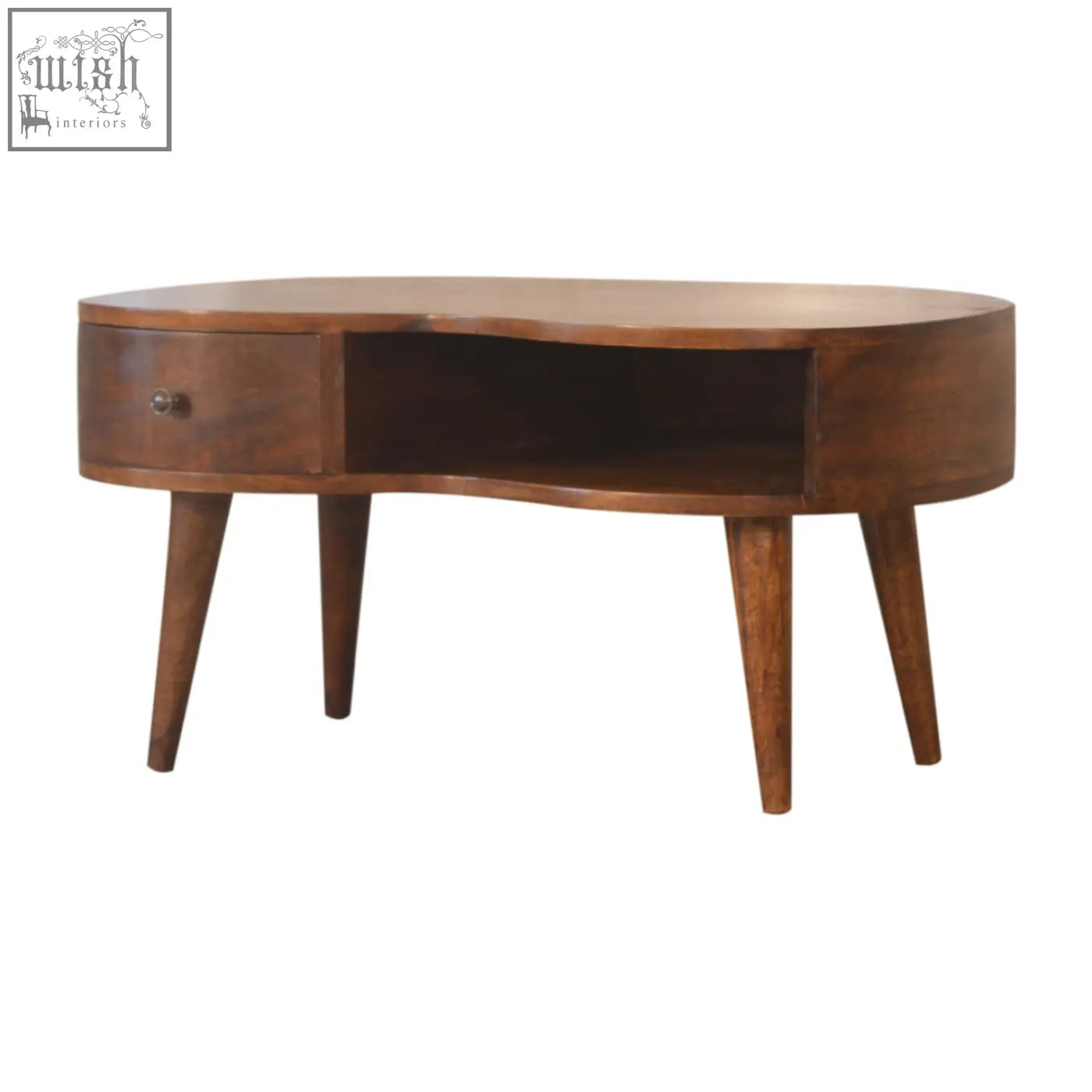 Chestnut wave coffee table in warm brown solid mango wood with curved top drawer and open shelf on tapered legs
