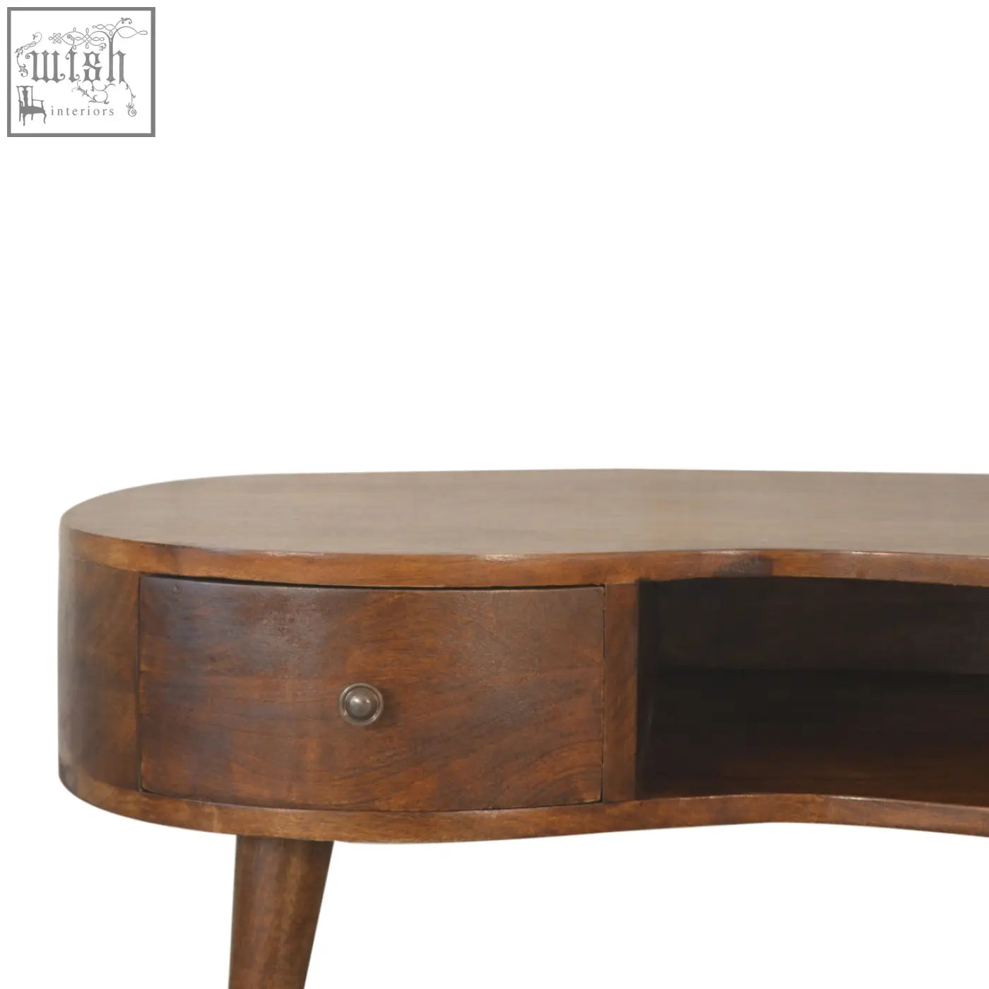 A warm brown chestnut wave coffee table with a curved top, single drawer, and slender legs made of solid mango wood