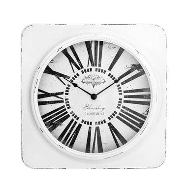 Cheston white antique finish wall clock with white square distressed face and black roman numerals