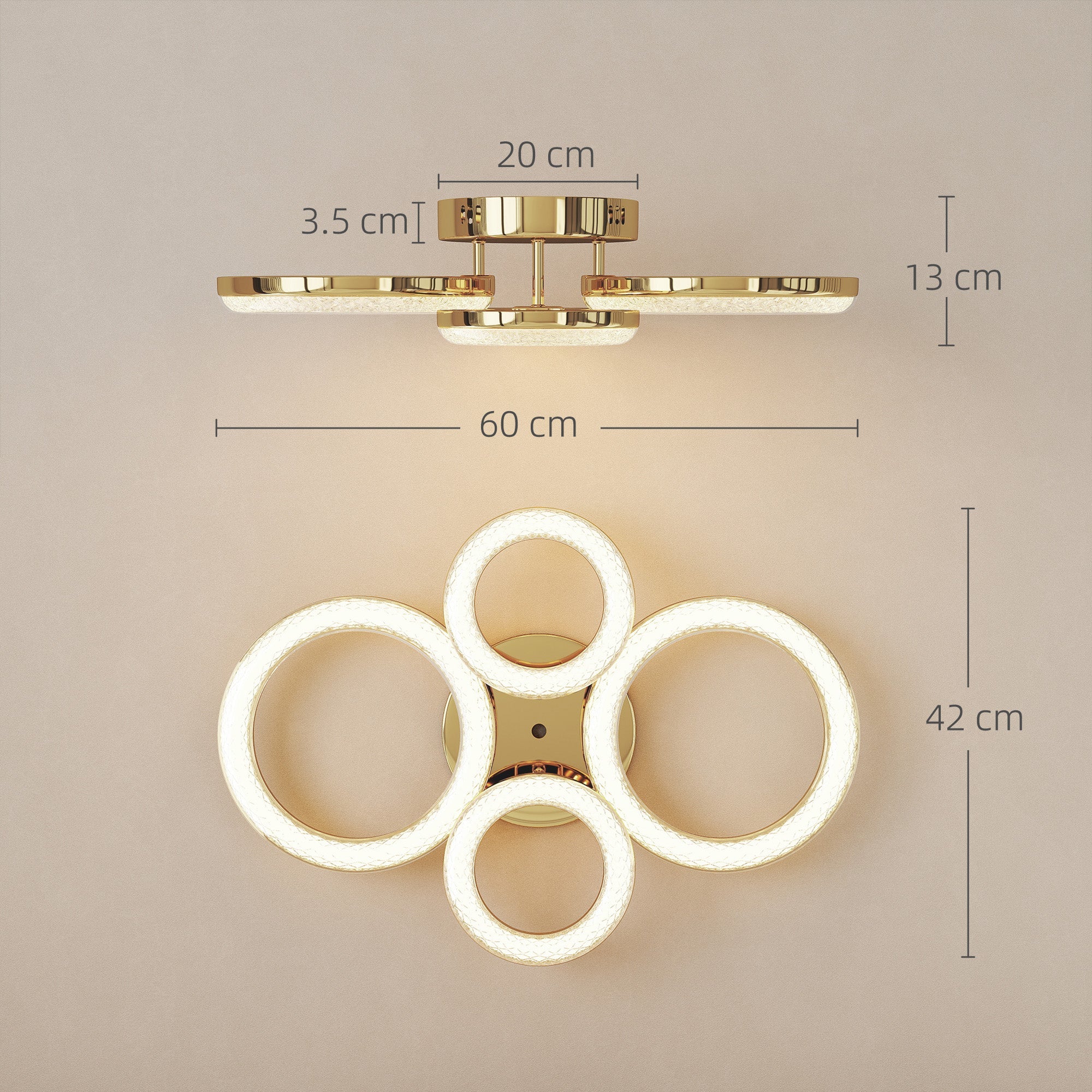 HOMCOM LED Ceiling Light, Modern Dimmable 4 Rings Ceiling Lamp with Wall Switch, 40W 4350lm Flush Mount Ceiling Light with 3500K/4500K/6000K Colour Temperatures for Living Room, Bedroom, Gold Tone