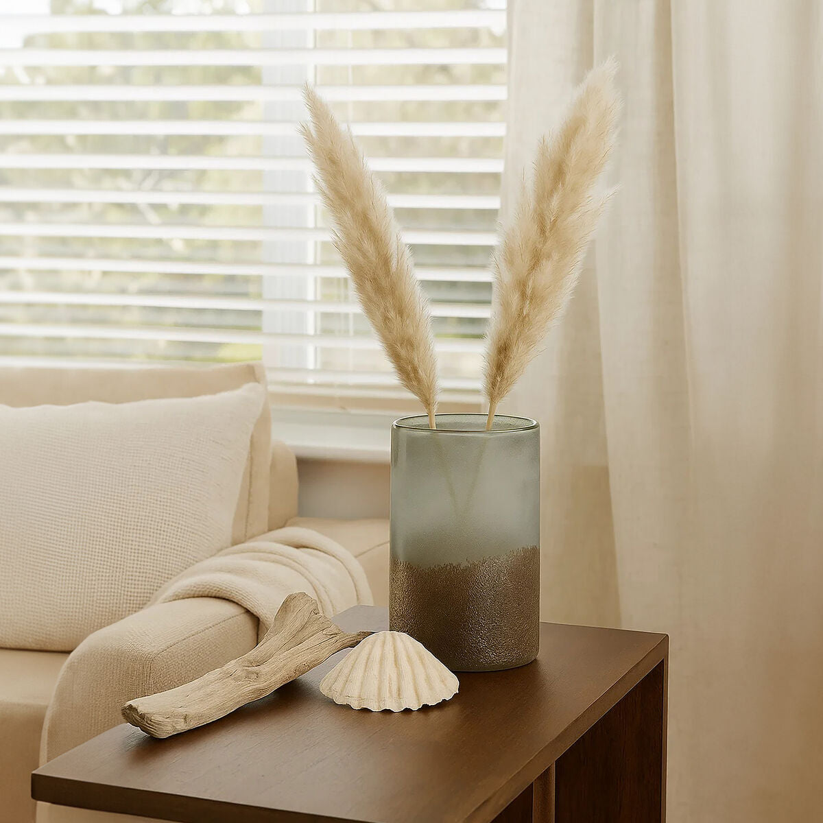 Chiara medium grey sand effect vase with gradient gray to gold finish perfect for natural hevea wood decor