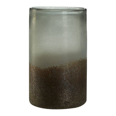 A chiara medium grey sand effect vase with gradient translucent top and bronze glitter bottom complements natural hevea wood decor