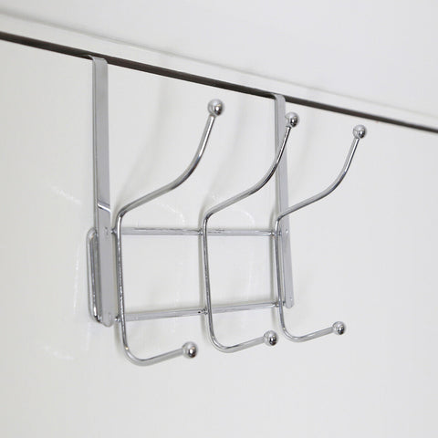 Chrome finished metal over door six hook hanger with three curved hooks and grid design for hanging items