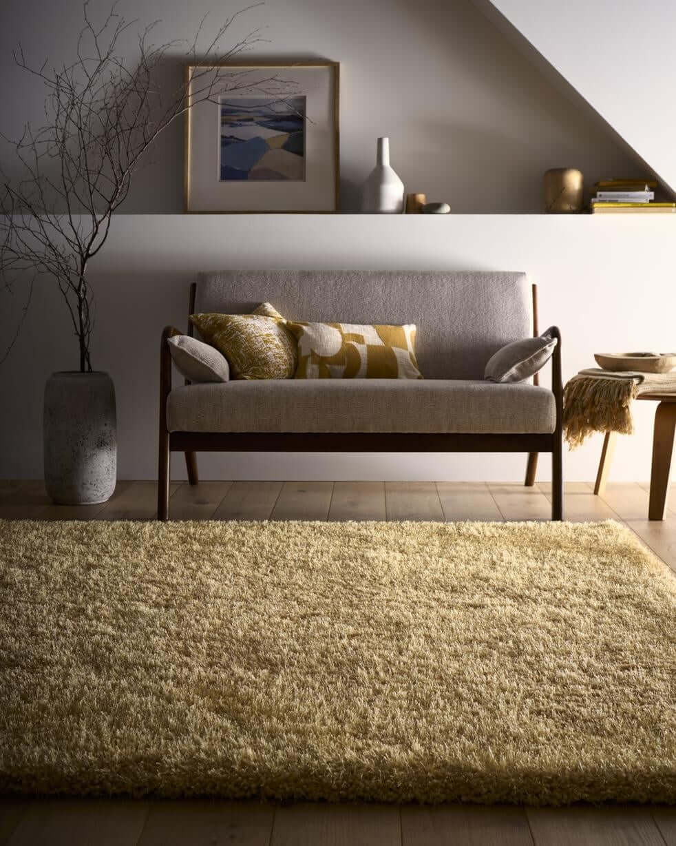 Beige chicago ochre shaggy rug with a plush textured surface perfect for cozy living spaces