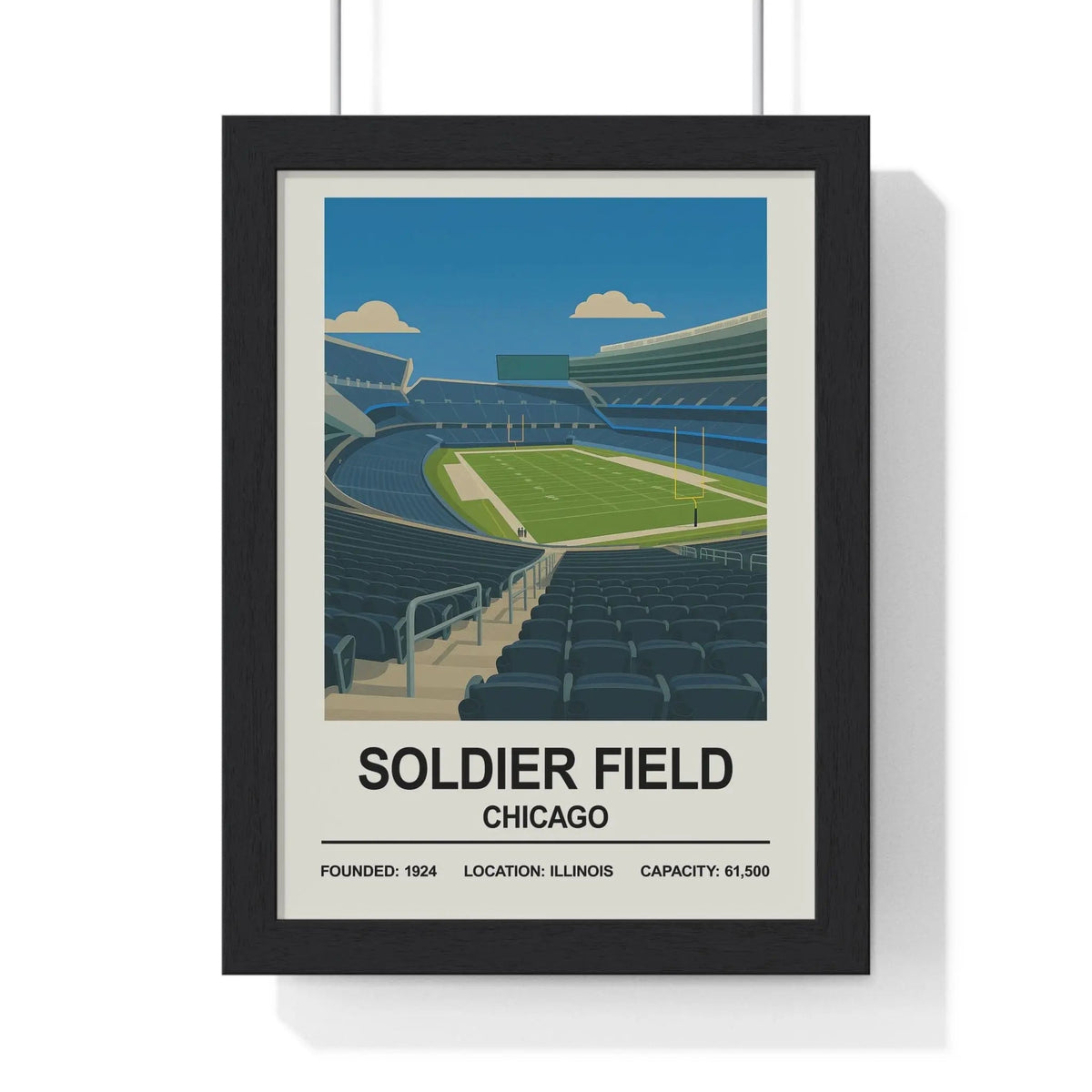 Black-framed poster of chicago stadium soldier field with green turf blue seating and clear sky stadium print