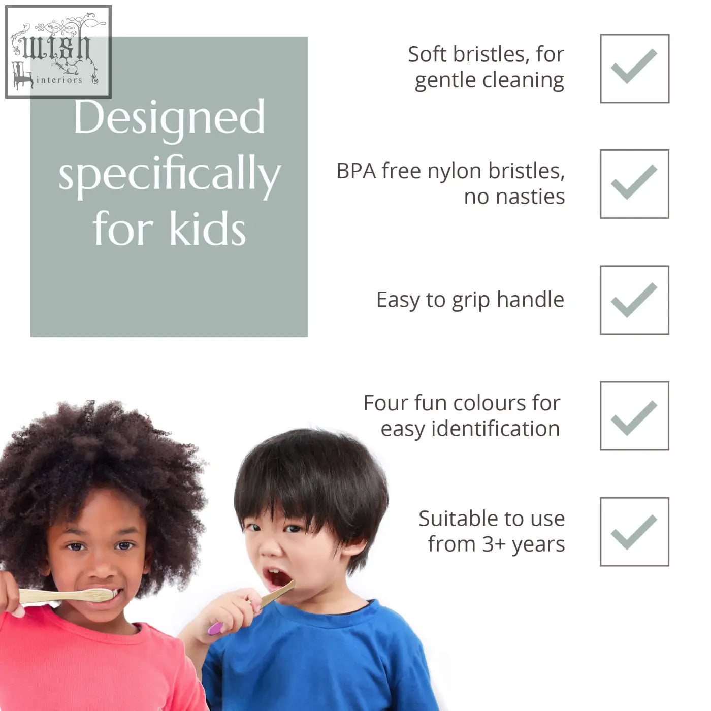 Children’s bamboo toothbrushes 4 pack with soft bpa-free nylon bristles easy grip handles in multi-colour certified bamboo