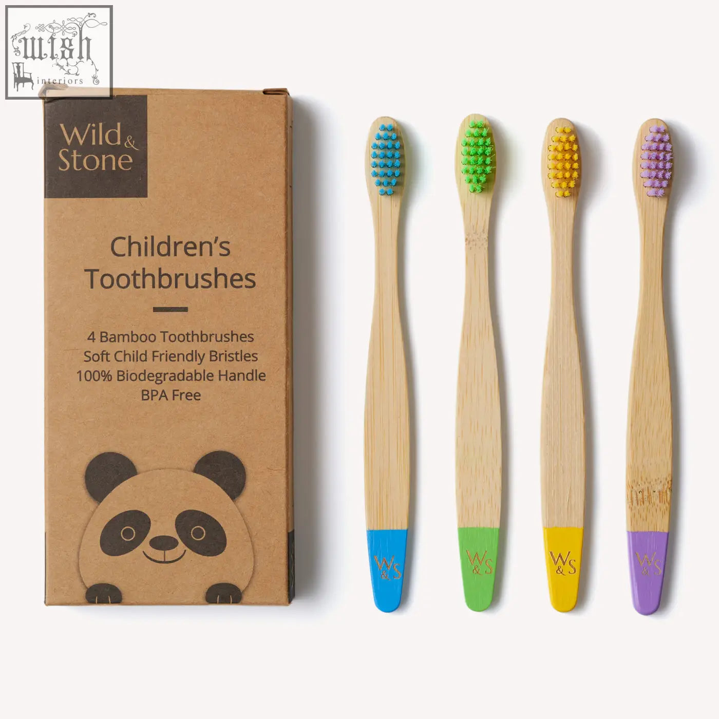 Set of four children’s bamboo toothbrushes with colorful bristles and certified bamboo handles in multi-colour