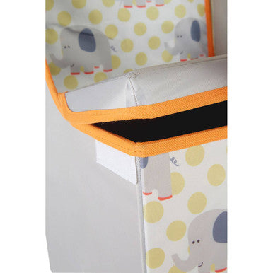 White fabric childrens elephant design storage seat with playful yellow polka dots and bright orange trim