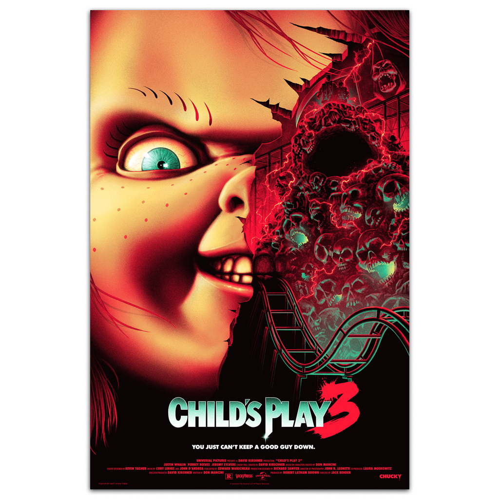 Vibrant red and black acrylic glass movie poster for childs play 3 featuring a stylized chucky doll with teal eyes and skulls backdrop