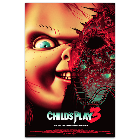 Vibrant red and black acrylic glass movie poster for childs play 3 featuring a stylized chucky doll with teal eyes and skulls backdrop