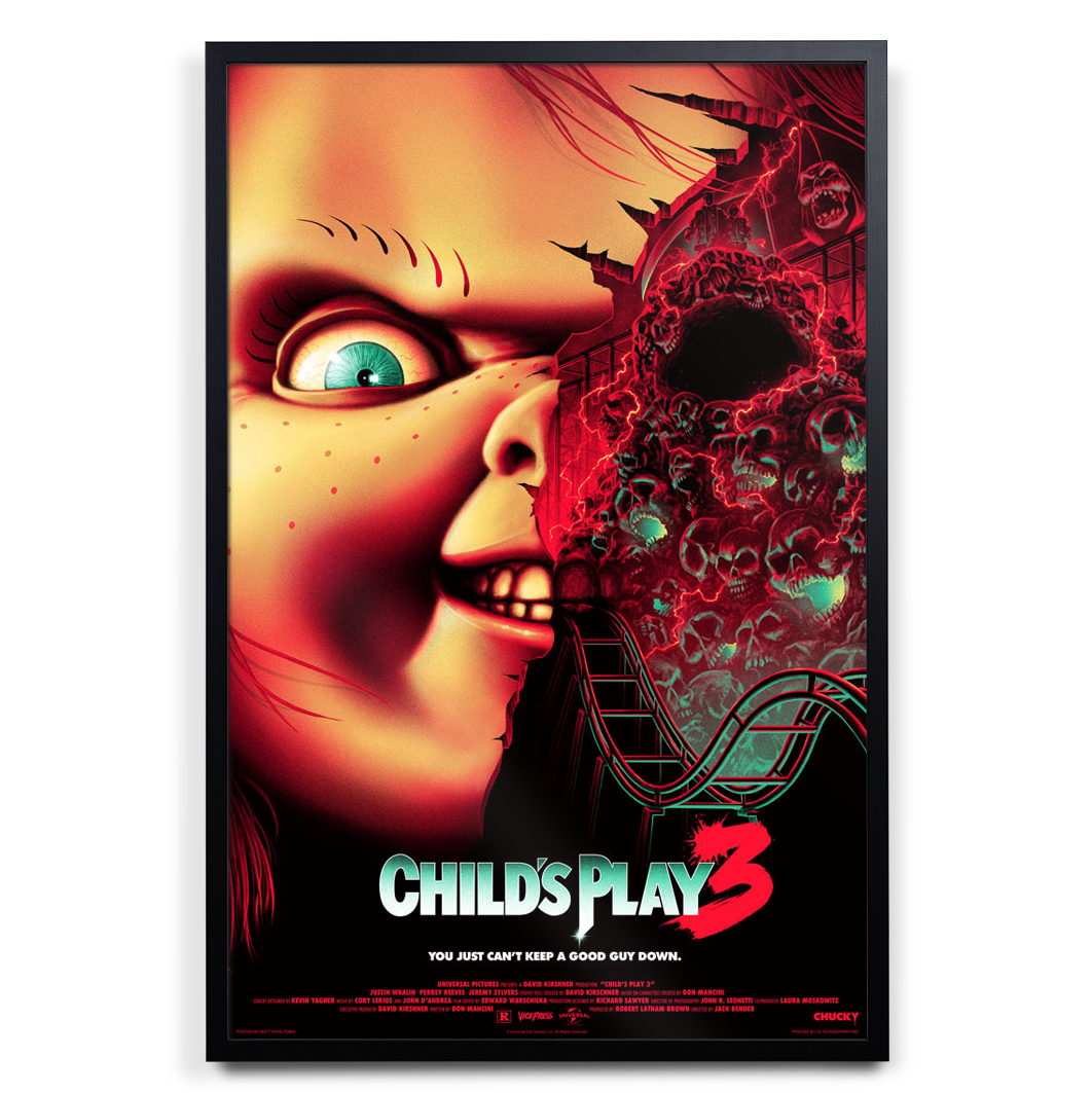 A framed childs play 3 movie poster with menacing chucky, glowing green eyes, red hair, on acrylic glass panel